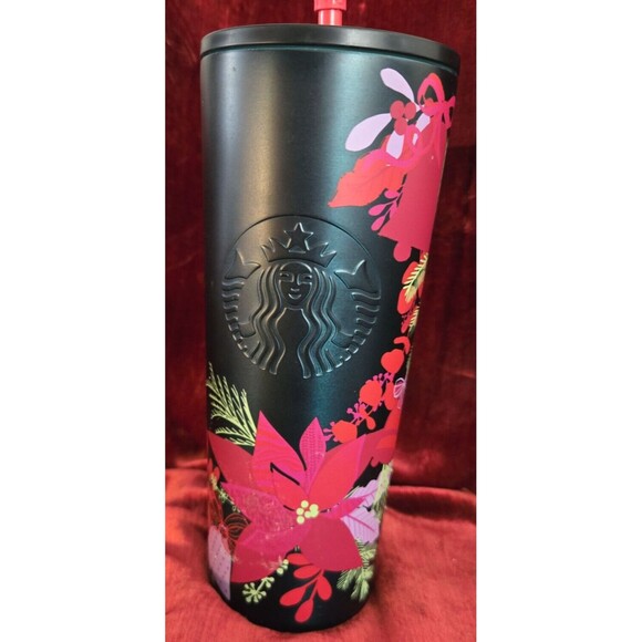 Starbucks 2021 Dark Green Metal Poinsettia Holiday Tumbler 16oz with Straw - Picture 3 of 4